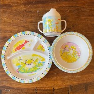 3 Mackenzie Childs Toddler Kids Melamine
Dinnerware Plate Cup Frog Blue Set of 3